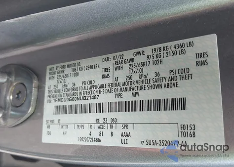 2022 Ford Escape Se from USA, damaged, VIN 1FMCU0G60NUB21487